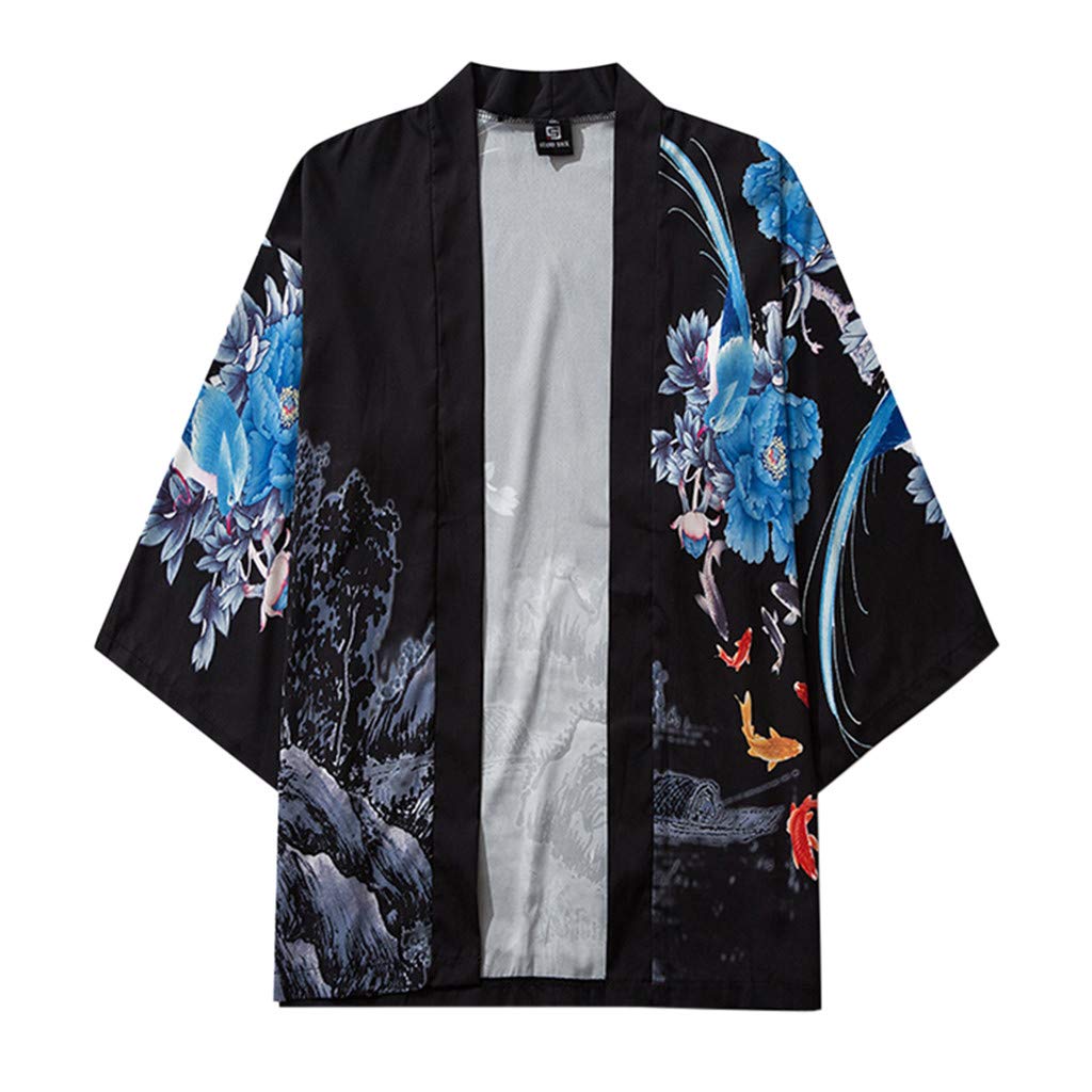ToodiiINToodiiIN Men T-Shirt Casual/Formal Loose Open Front 3/4 Sleeve Japanese Style Print Cover Up Cardigan Black