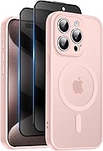 Qasyfanc Magnetic Case for iPhone 15 Pro Max, Compatible with MagSafe with 2 Privacy, Tempered Glass, Anti-Spy, Camera Protection, Translucent Matte Back, Thin Anti-Shock Light Pink