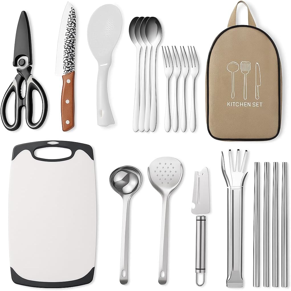 Portable 11-Pcs Stainless Steel Camping Kitchen Set – Outdoor Cooking & BBQ Utensils with Organizer Bag | Travel Cookware for RV, Hiking, Backpacking, Beach & Picnic Adventures