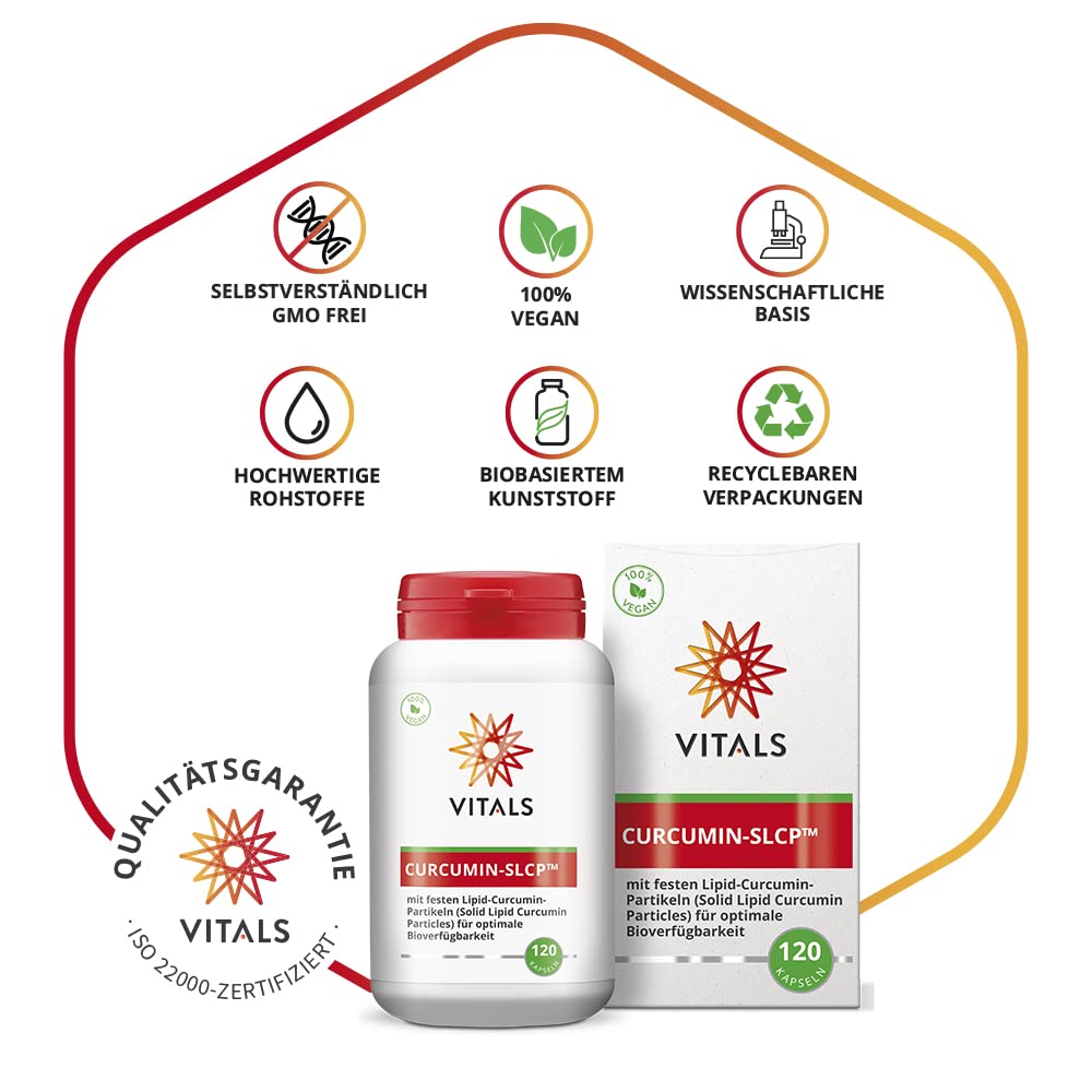 Vitals Curcumin SLCP - 120 Kapseln, vegan. Mit Solid Lipid Curcumin Particles (SLCP) für optimale Bioverfügbarkeit. Wissenschaftlich belegt und Entzündungshemmung.