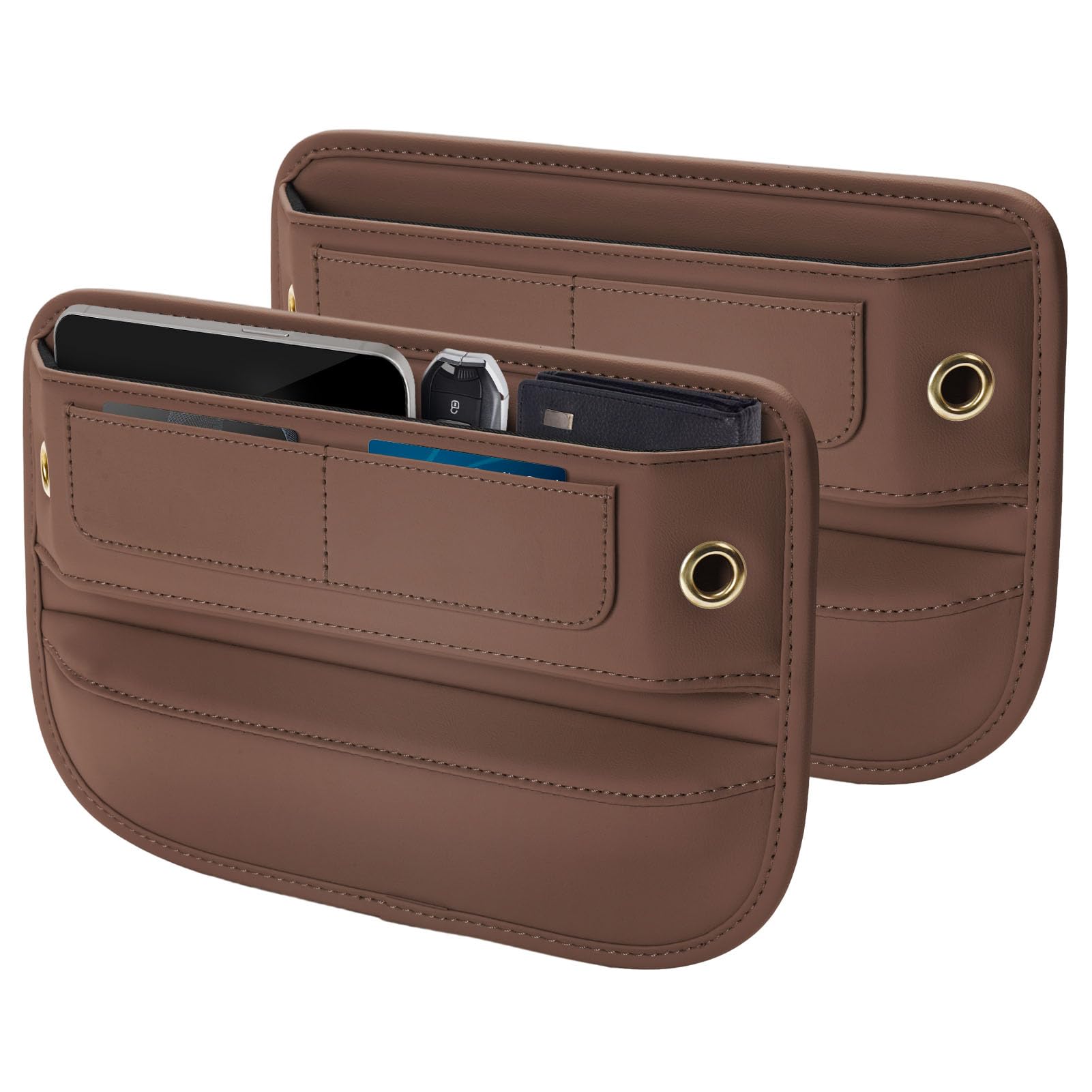 Premium Leather Seat Gap Filler Organizer, Universal Fit Car Accessories for Women/Men Interior, Center Console Organizer With Card Slots for SUV Truck (Brown, 2 Pack)