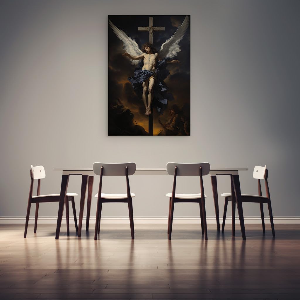 Canvas for Living room. Winged Majesty at Twilight: A Divine Vision in Blue and Gold, 27 x 18 inch Canvas Wall Art - Ready to Hang - 69x46 cm (27x18 inch)