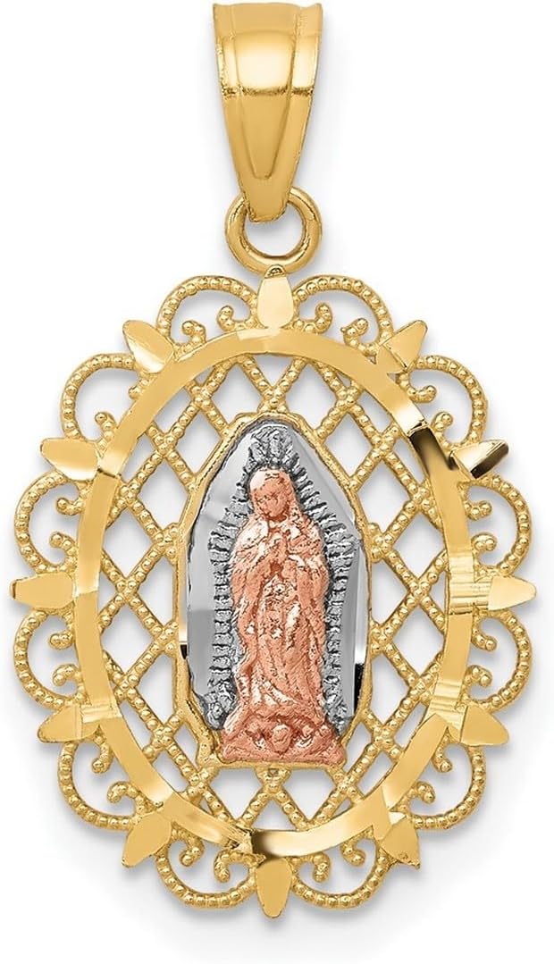 Solid 10k Two-tone Gold Filigree Our Lady Of Guadalupe Pendant -13mm x 22mm - virgen de guadalupe - Religious Mexican Necklace