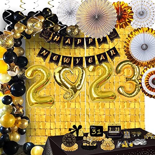 New Years Eve Party Supplies 2023 - New Years Decorations Kit Includes 65 Balloons Arch, 6 Paper Fans, 6 Table Centerpieces, 6 Hanging Swirls, a New Years Eve Party Banner, 2023 Foil Balloons, 2 Foil Fringe Curtains, 10 Blowouts, 6 Glasses and a Tablecloth