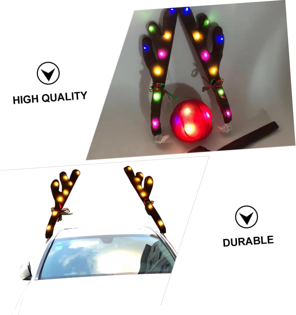 ERINGOGO 2 Sets Christmas Car Kit Led Antlers Reindeer Horns for Car with Light up Nose Easy Install Car Accessories