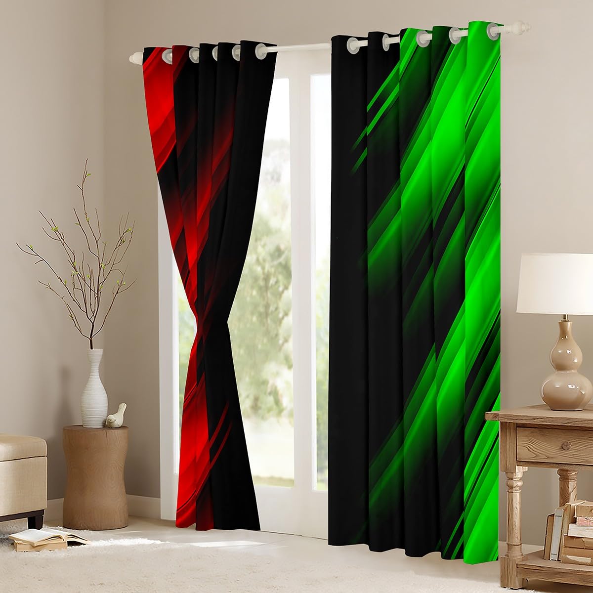 Zielone i czerwone zasłony ombre, do sypialni, salonu, dla dzieci, efekty ombre, 30%-50%, zasłony zaciemniające, geometryczne paski, zasłony okienne, sztuka abstrakcyjna, dekoracje okienne, szer. 168