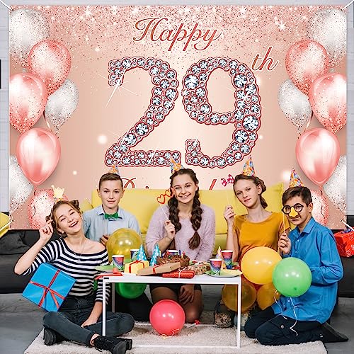 Image of Happy 29th Birthday Rose Gold Banner Cheers to 29 Years Old Backdrop Confetti Balloons Theme Decor for Women 29 Years Old Pink Birthday Party Decorations Bday Supplies Background Favors Gift Glitter