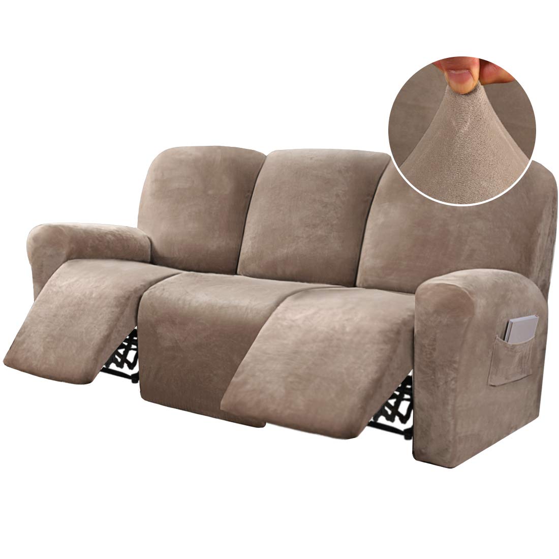 BellaHills 8-Pieces Recliner Sofa Covers Velvet Stretch Reclining Couch Covers for 3 Cushion Sofa Slipcovers Furniture Covers Form Fit Customized Style Thick Soft Washable, Taupe โ image 1