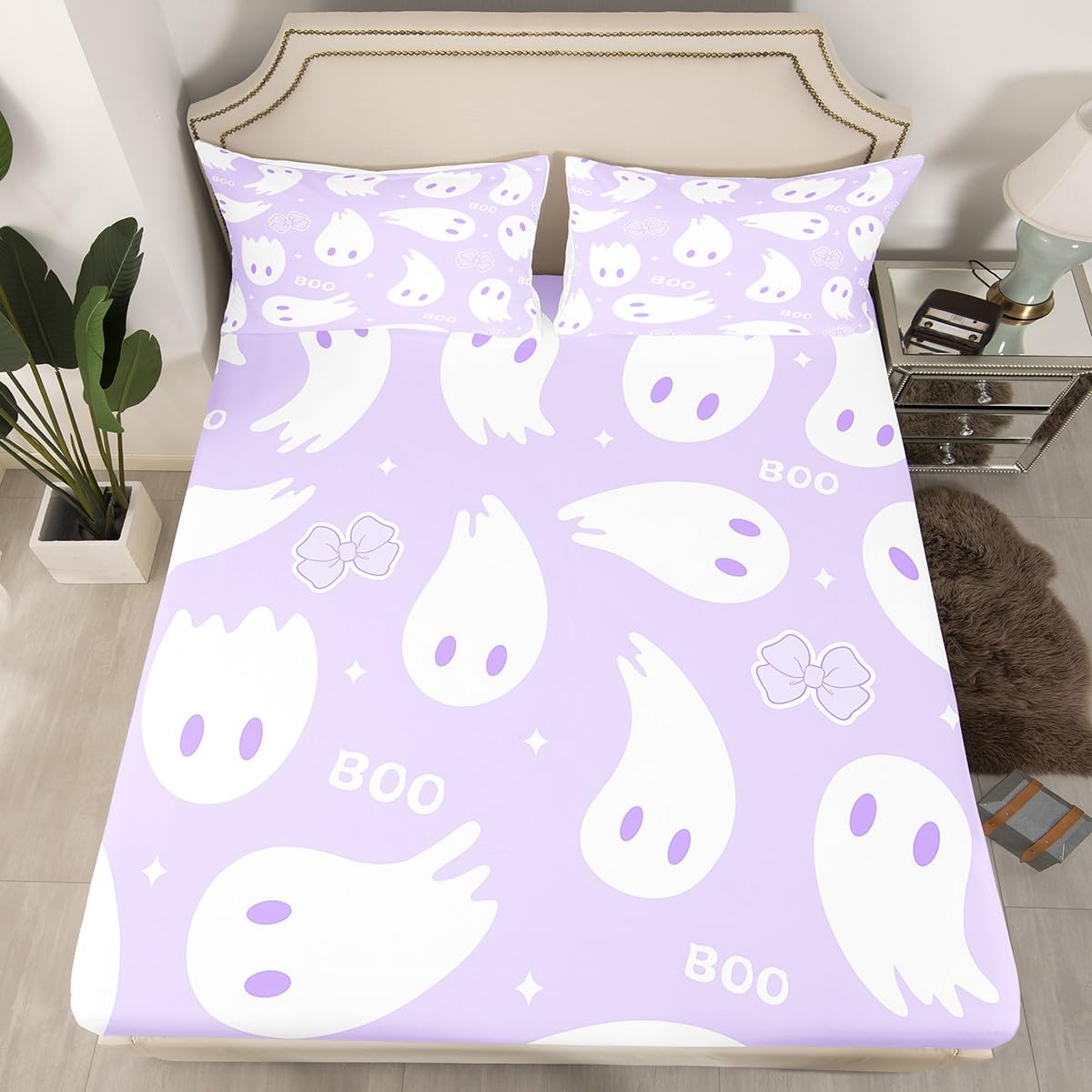 Happy Halloween Kids Fitted Sheet King Size,Cute Ghost Bowknot Bow Tie Princess Bedding Set,Girls Women Room Decor,Star Bow Knot Fashion Bed Cover,Purple Romantic Bed Sheet,2 Pillowcases