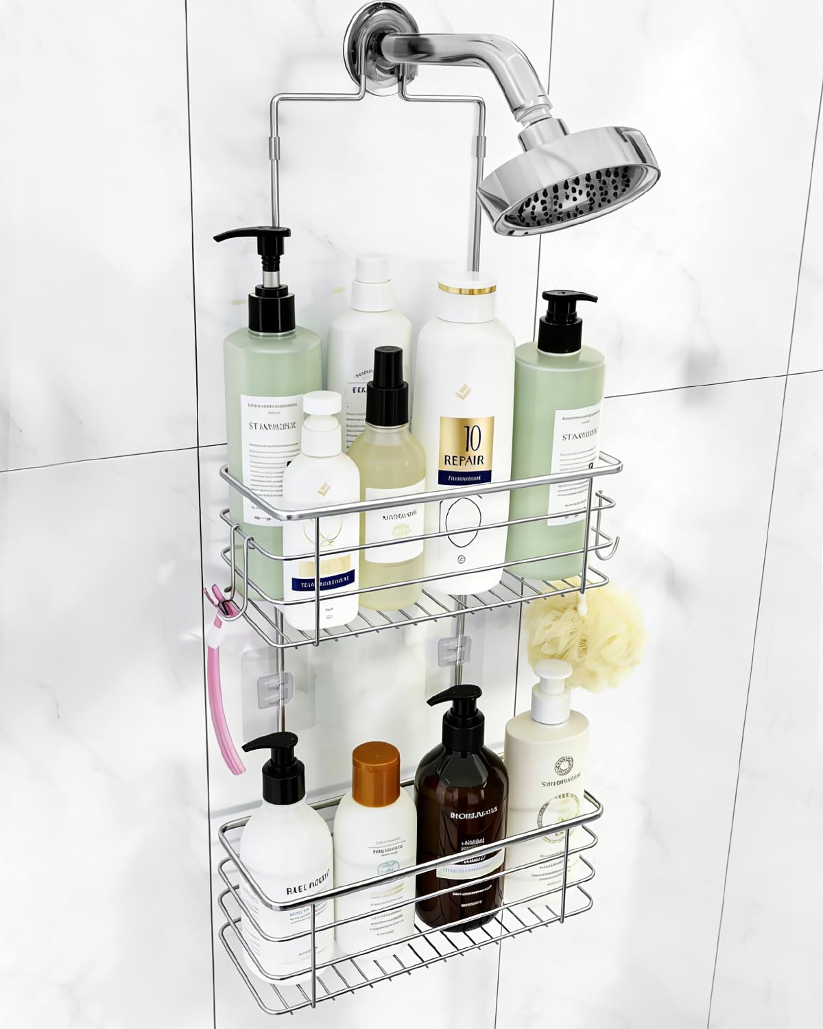 Hanging Shower Caddy, Stainless Steel, 2-Tier Bathroom Organizer Rack over Shower Head with 2 Hooks for Razor and Sponge