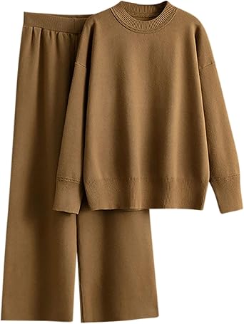 NSICBMNO 2 Piece Outfits Women Co Ord Sets Knitted Loungewear Sets V Neck Jumpers Oversized Sweater Elastic Waist Straight Leg Trousers Travel Outfit Tracksuit Full Set For Home Loungewear