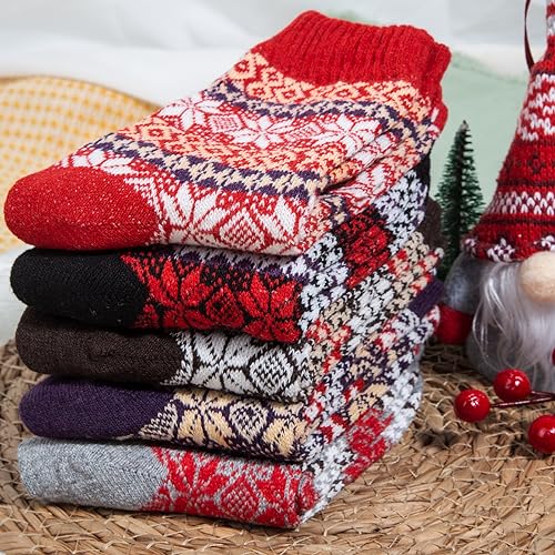 5 Pairs Womens Cold Weather Soft Warm Thick Knit Crew Casual Winter Wool Socks,Multicolor 09,One Size - Thumbnail 4