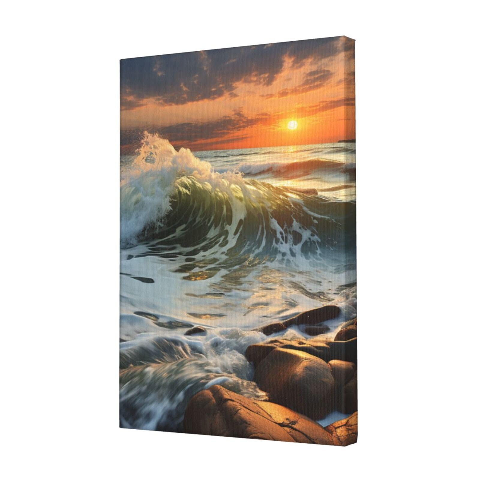 Rocky Wave Sunset Painting Canvas Wall Art for Living Room Wall Decor 12"x18" Modern Artwork Painting Pictures Hanging Canvas Prints Aesthetic Wall Art for Bedroom Bathroom Office Wallart Decor