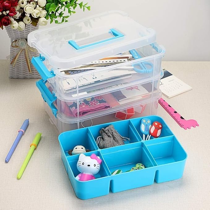 Image of 3 Layer Plastic Storage Containers, Multipurpose Clear Stack & Carry Box, Portable Craft Organizers, and Storage Bin for Organizing Arts & Crafts, Sewing, Stationery Box,(Multicolor)