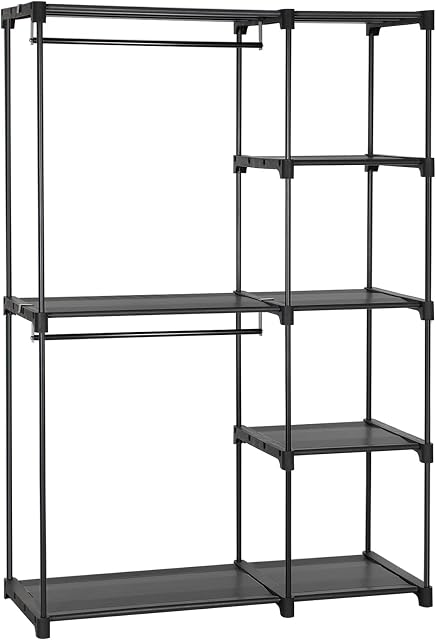 SONGMICS Freestanding Wardrobe, Foldable Closet, Coat Rack with Clothes Rails, Clothes Rack, Open Storage Wardrobe, Storage Organiser, Cloakroom, Bedroom, Study 112 x 43 x 165 cm, Black RYG24BK