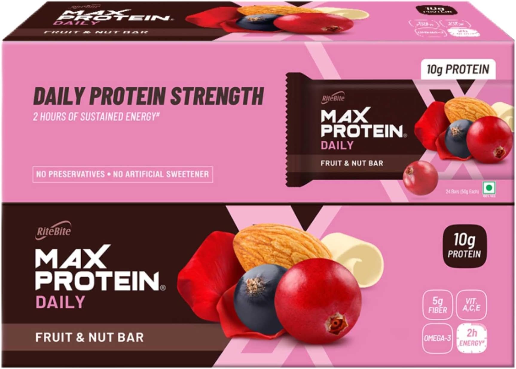Daily Fruit & Nut Protein Bars with 10g Protein, 5g Fiber & Vit. A, C, E | No Cholesterol & Trans Fat For Upto 2h of Energy, Healthy Snack, 50g (Pack of 24)