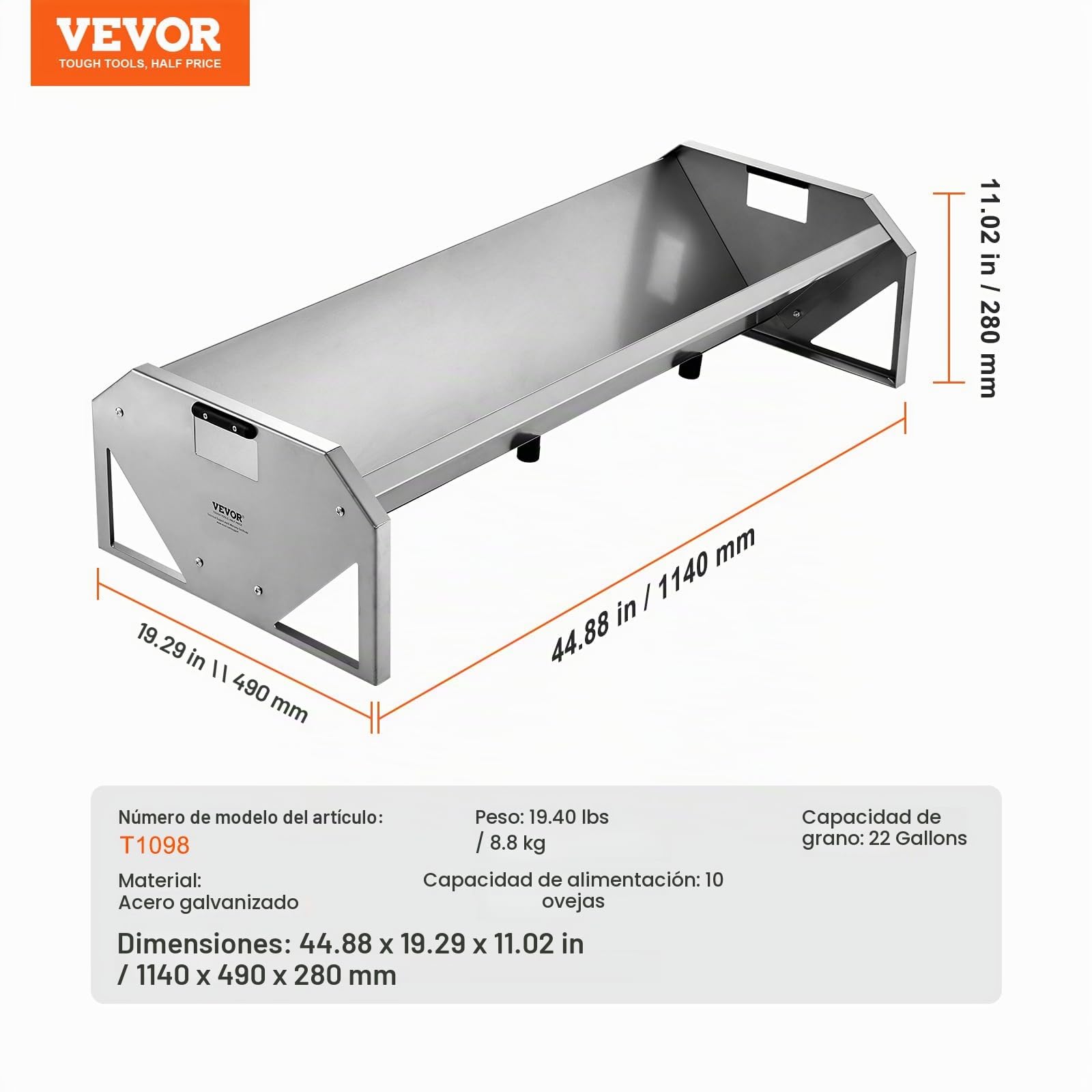 VEVOR Comedero para Ganado de 100 L, Comedero de Heno de 1140 mm, Acero Resistente y Galvanizado para Ovejas y Cabras