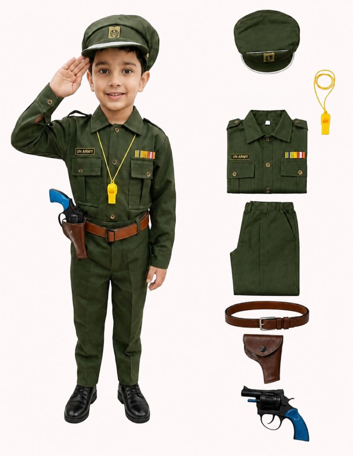 BookMyCostume Kids 6-Pcs Forces & Community Helper Costume Collection – Army, Military, Navy, Police & Soldier Outfits – Fancy Dress for Patriotic Events, School Annual Day, Role-Play & Competitions