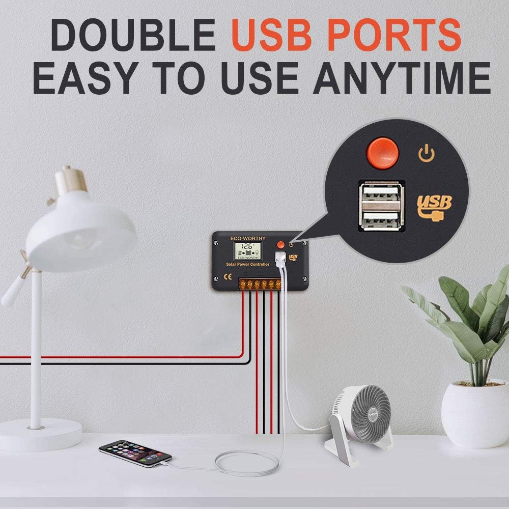 Solar charge controller with dual USB ports being used to charge a mobile phone and power a small fan