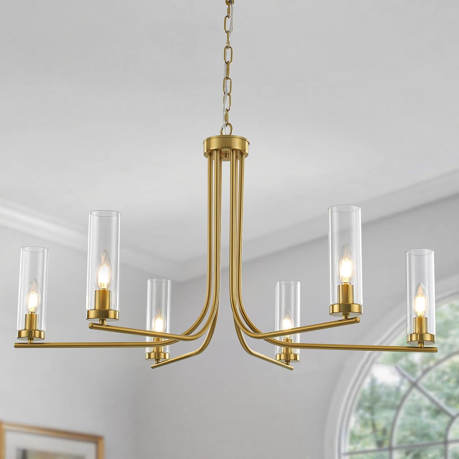 Gold Chandelier for Dining Room, 6-Light Farmhouse Gold Chandelier with Clear Glass Shade, Industrial Hanging Pendant Lights for Living Room, Bedroom, Kitchen, Staircase, Foyer