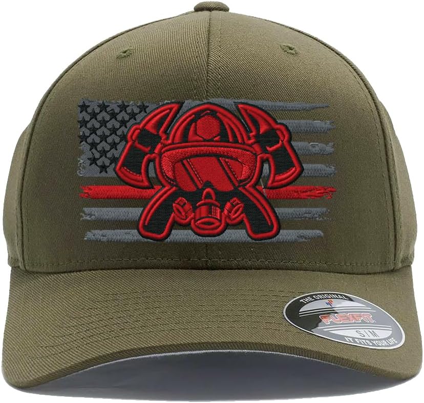 Custom Embroidered Thin Red Line and Firefighter Flag. 6477 and 6277 Flex Fitted Baseball Cap Wooly Combed Twill Cap