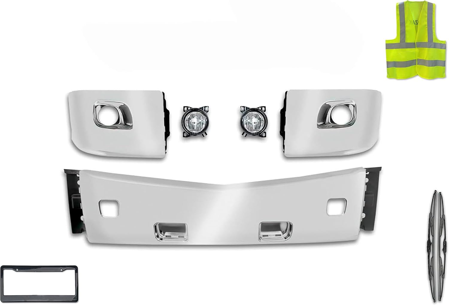 KOZAK PLASTIC Chrome Bumper Center & Corners w/Fog Light Hole (Passenger Right & Driver Left Side) + Fog Light Pair compatible with Peterbilt 579 2013-2021 + Logo, License Frame, Wipers and Vest