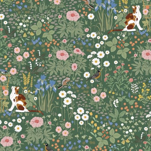 Yomshi Floral Peel and Stick Wallpaper Cat Contact Paper Flower Removable Self Adhesive Waterproof Rustic Style Animal Botanical Pattern Wallpaper for Bathroom Bedroom Nursery Dark Green 44x300cm