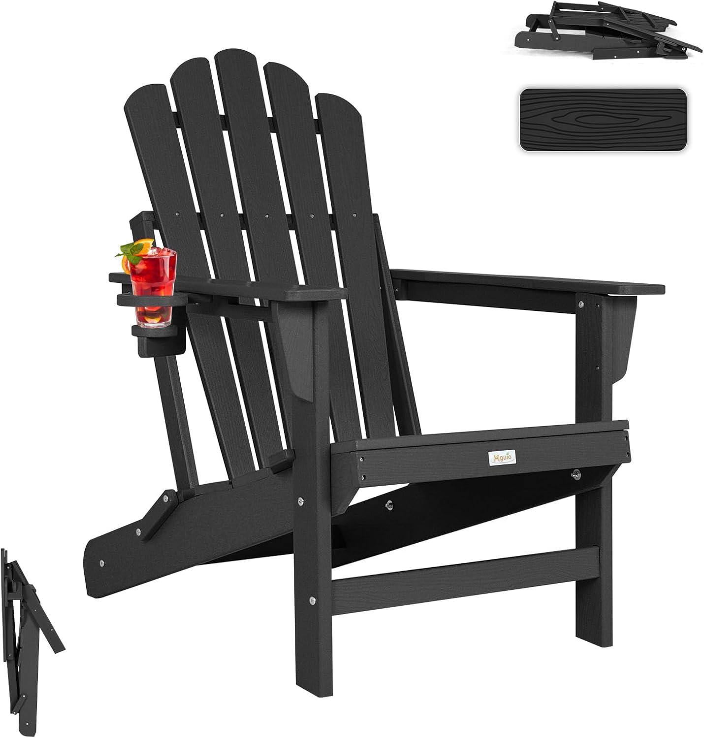 Folding Adirondack Chair, All Weather Wood Texture Fire Pit Chairs with Cupholder for Outside