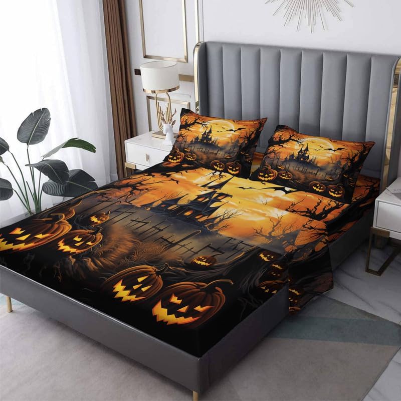 Helloween - Juego de sábanas tamaño King, sábanas y fundas de almohada, 100% microfibra, bolsillo profundo, incluye 1 sábana encimera, 1 sábana