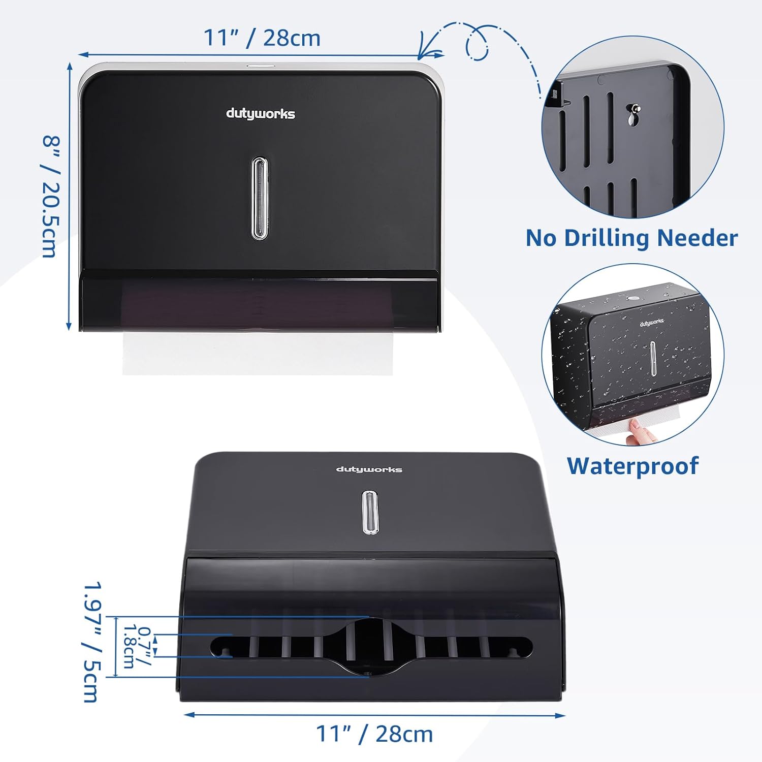 Paper Towel Dispenser Wall Mount, Large Capacity 200 Sheets, No Drilling Adhesive, Commercial & Home Use for Bathroom and Kitchen, Black