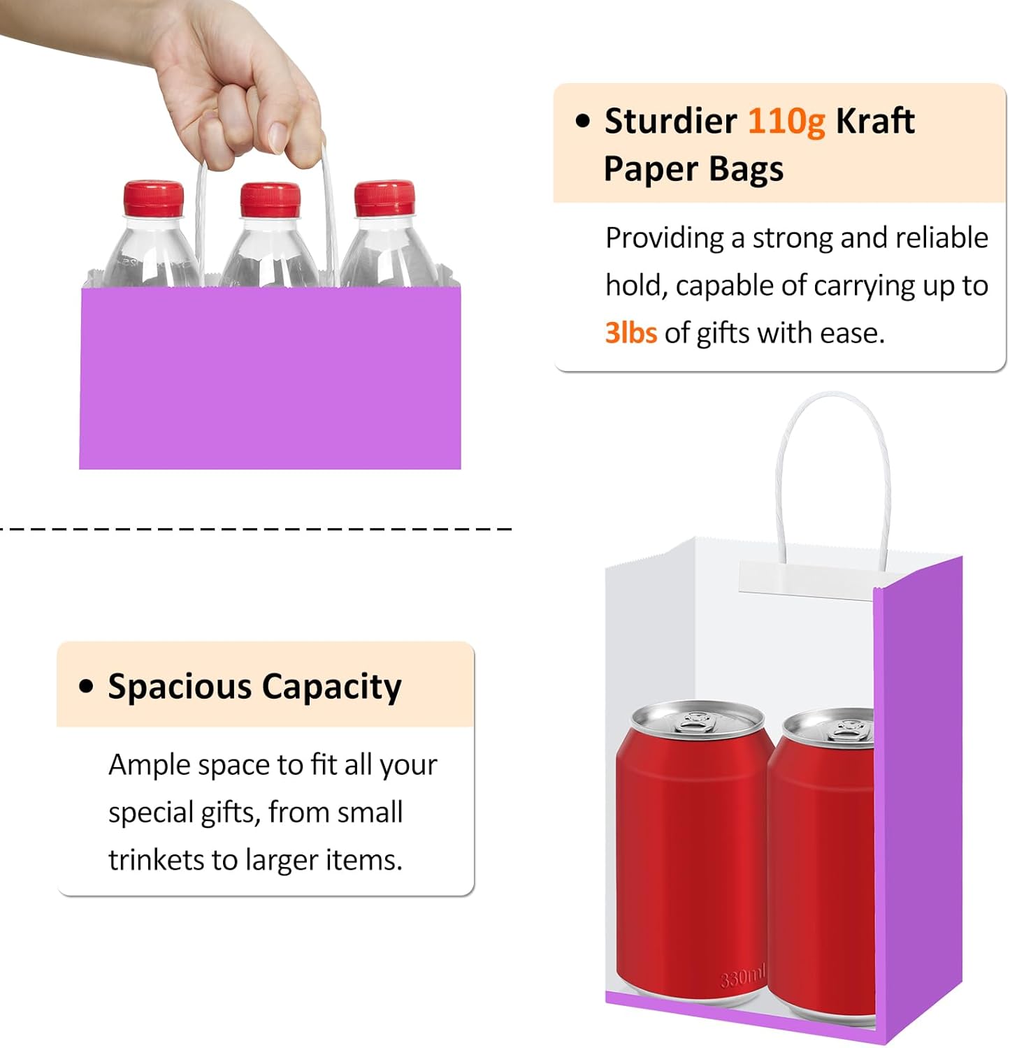 BagDream 5.25x3x8 Inch 100Pcs Purple Gift Bags with Handles Small Kraft Paper Bags Bulk for Welcome Party Favors, Baby Shower, Goody, Treat, Retail, Grocery Paper Sacks - Image 3