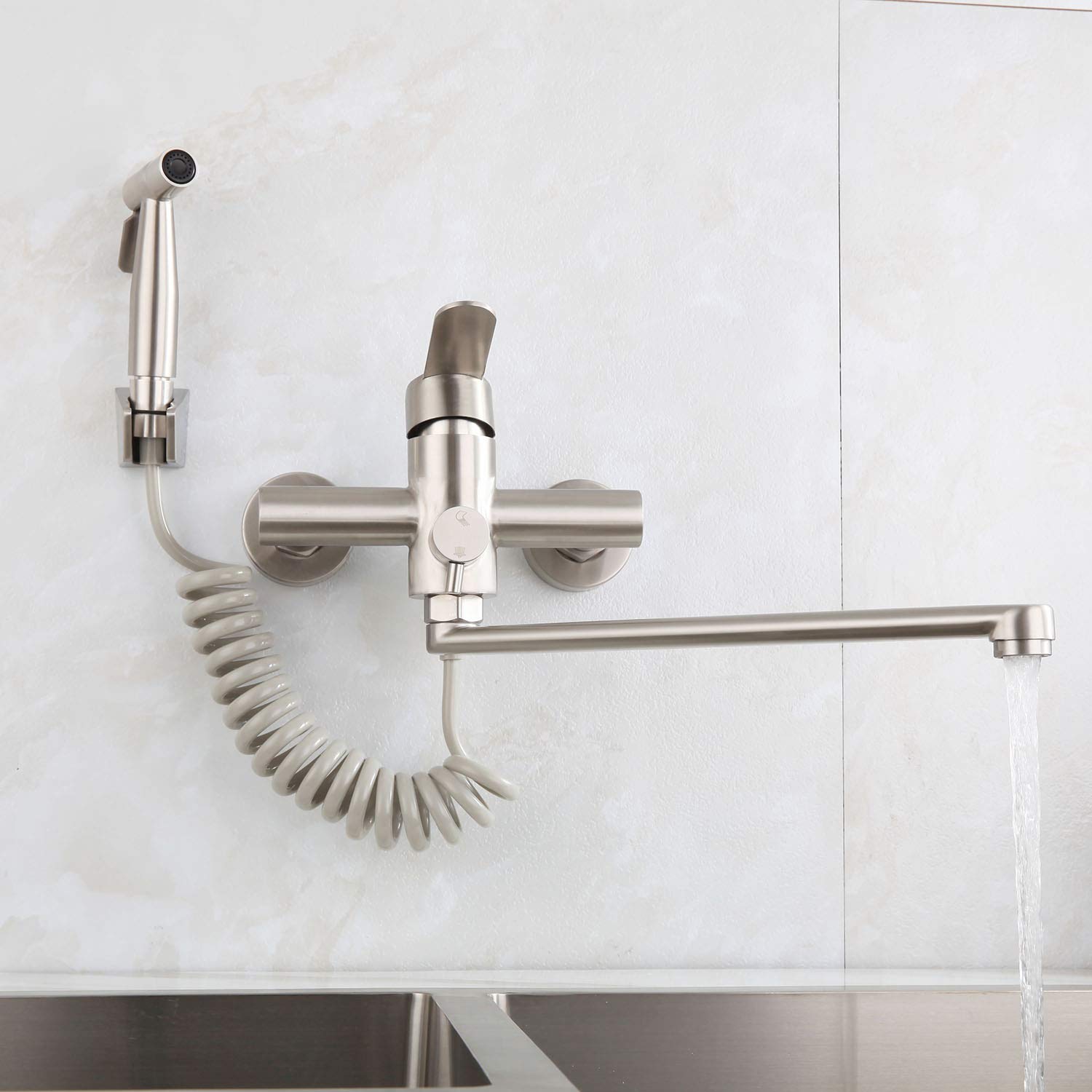 HomeLava Grifo de cocina pared de acero inoxidable 304 de grado alimenticio con pistola rociadora y caño giratorio de 360°, Proceso cepillado, caño 35 cm