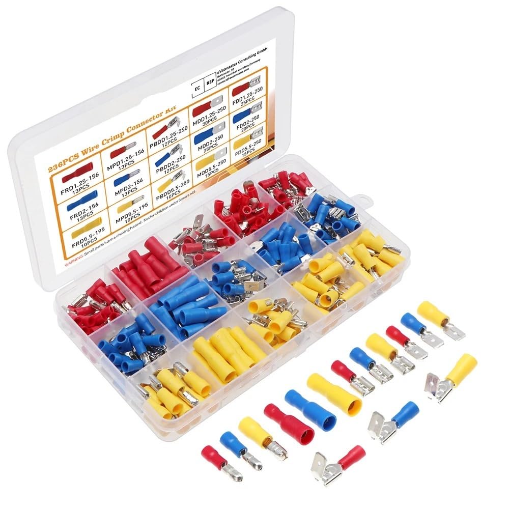 YLQUXEUV 236pcs Insulated Wire Electrical Connectors Butt Ring Spade Fast Disconnect Crimp Terminals Connectors Assortment Kit