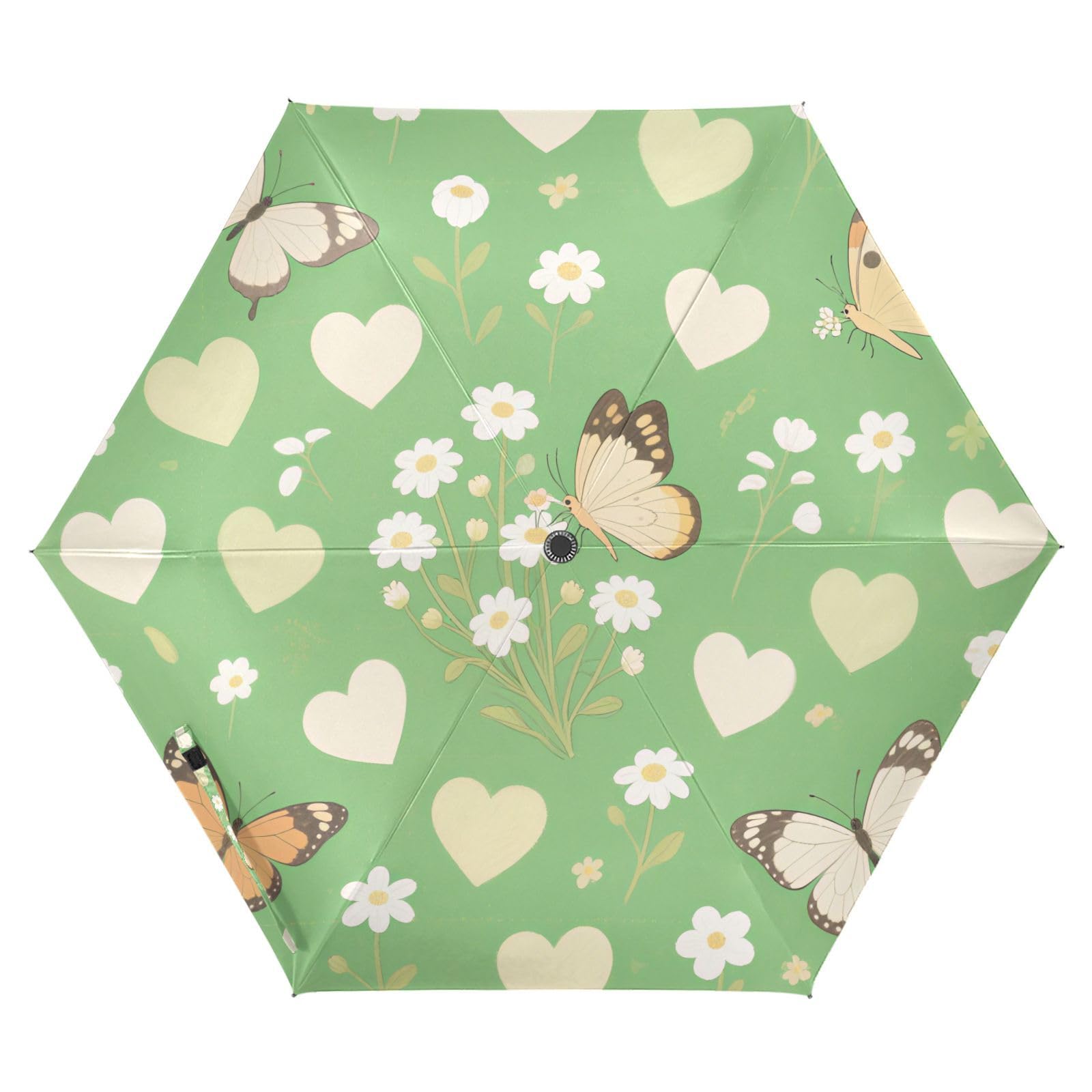 Green Heart-shaped Butterfly Flowers umbrella auto open 39 Inch with patterned case auto open close serviceable Premium Grip, Fits Car & Backpack for Good for Car, Golf, and On-the-Go Outdoor