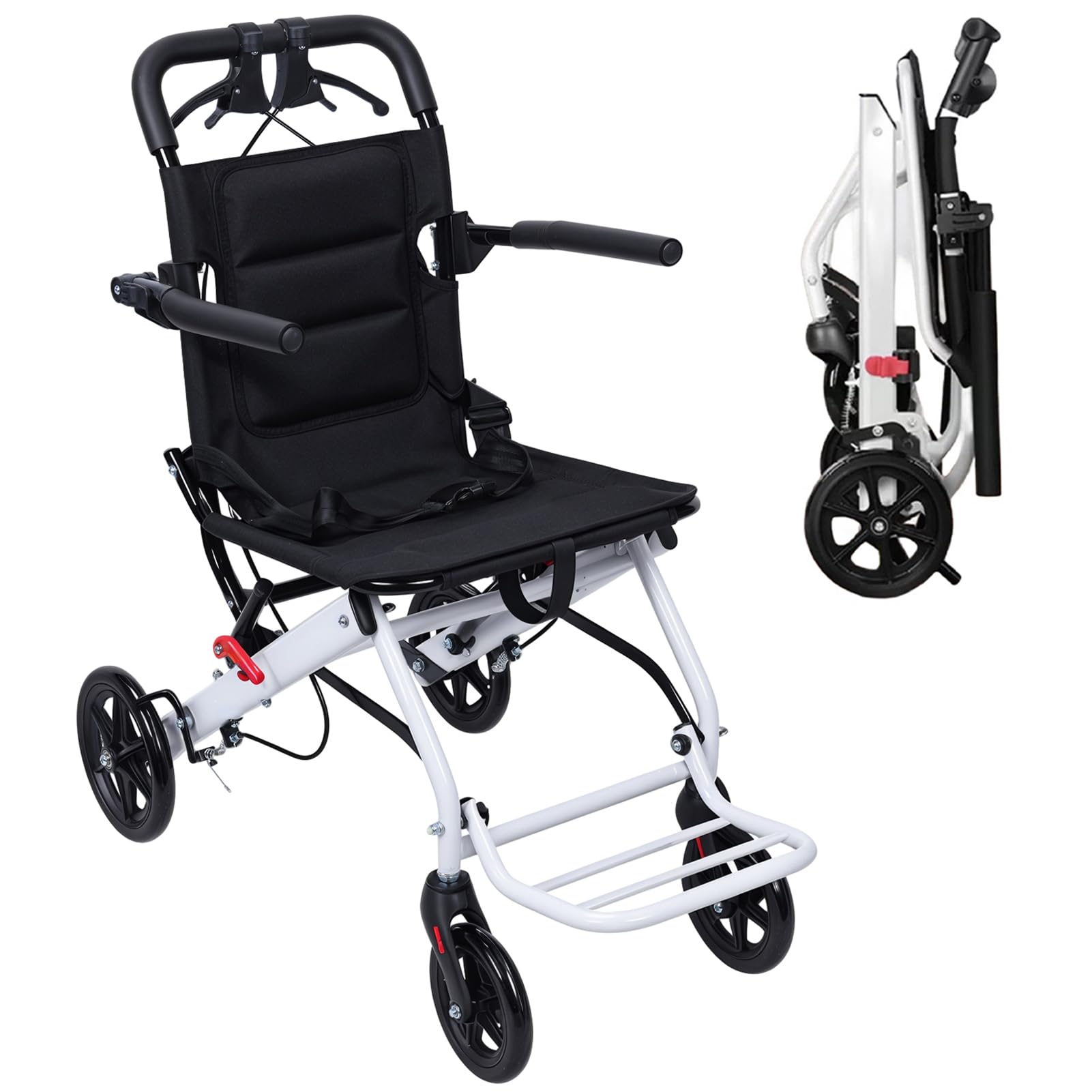 Transport Wheelchair Lightweight Foldable(18lbs), Transport Chair, Carbon Steel Portable Wheelchairs with 16 Inches Seat Width, 8" Rear Tires, Handbrake