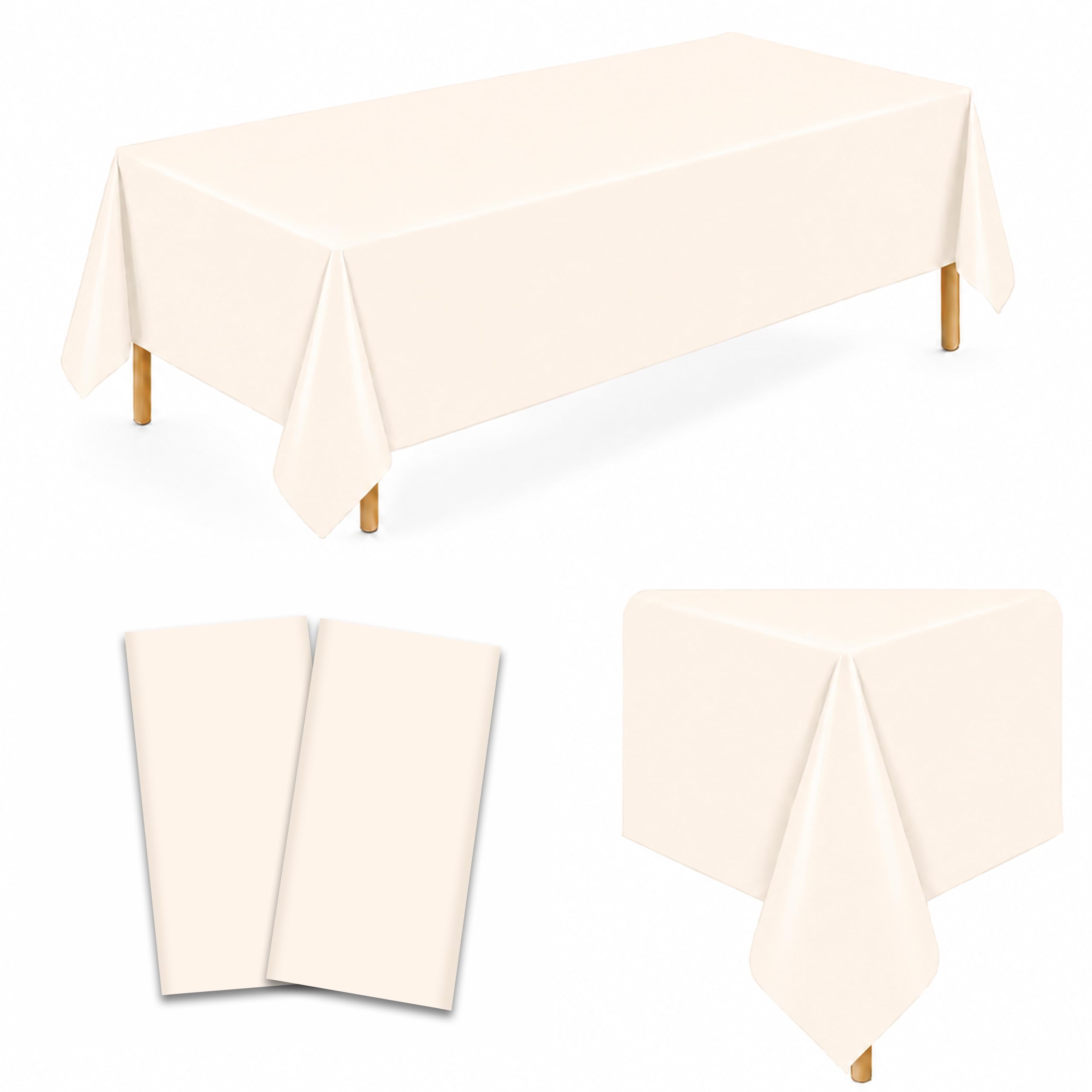 WNINK 2 Pack Ivory Plastic Tablecloths, 54 x 108 Inch Disposable Covers