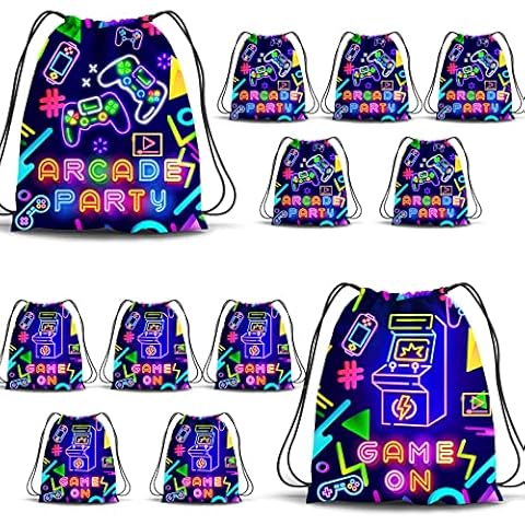 EYNDYN 12PCS Neon Video Game Party Drawstring Bags 12 X 10 Inch Game on Theme Gifts Bags for Boys Arcade Party Backpack Video Game Party Supplies, 2 Styles Cover
