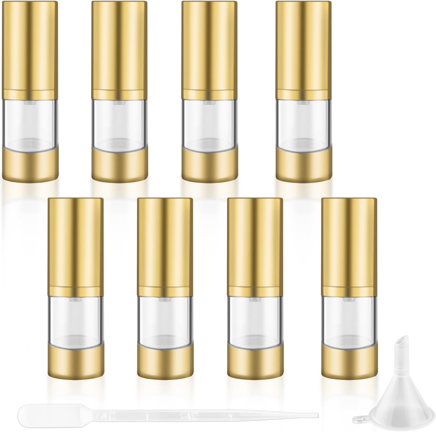 8 Pcs 15ml/0.5oz Empty Airless Pump Bottles without Straw Plastic Vacuum Bottle Refillable Cosmetic Containers for Lotion Cream Foundation,1Funnel & 1 Pipette,Golden Head
