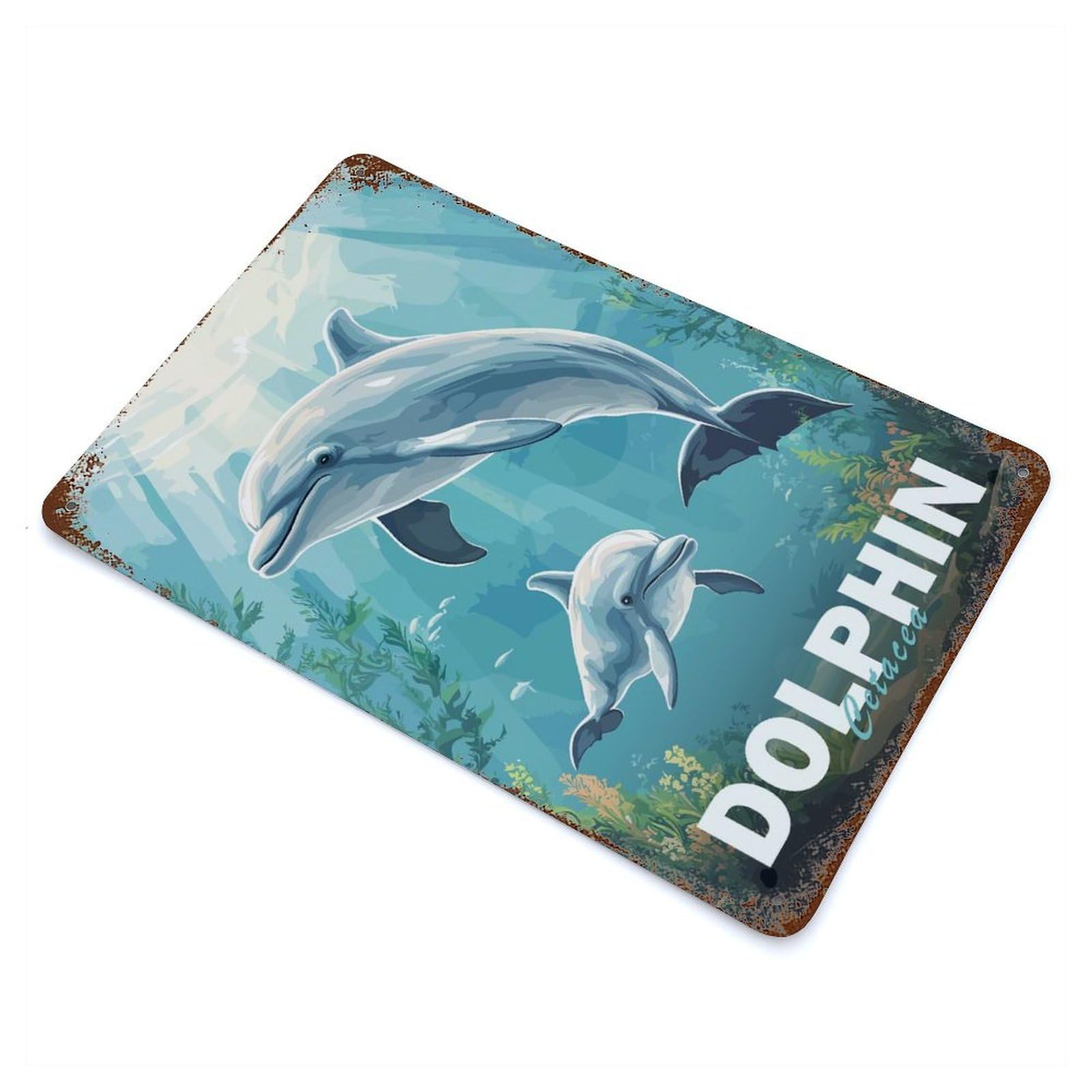 Dolphin Family Underwater Rusty Metal Tin Sign 11.8"x7.9", for Pub, Kitchen And Man Cave Decor, Novelty Wall Decor