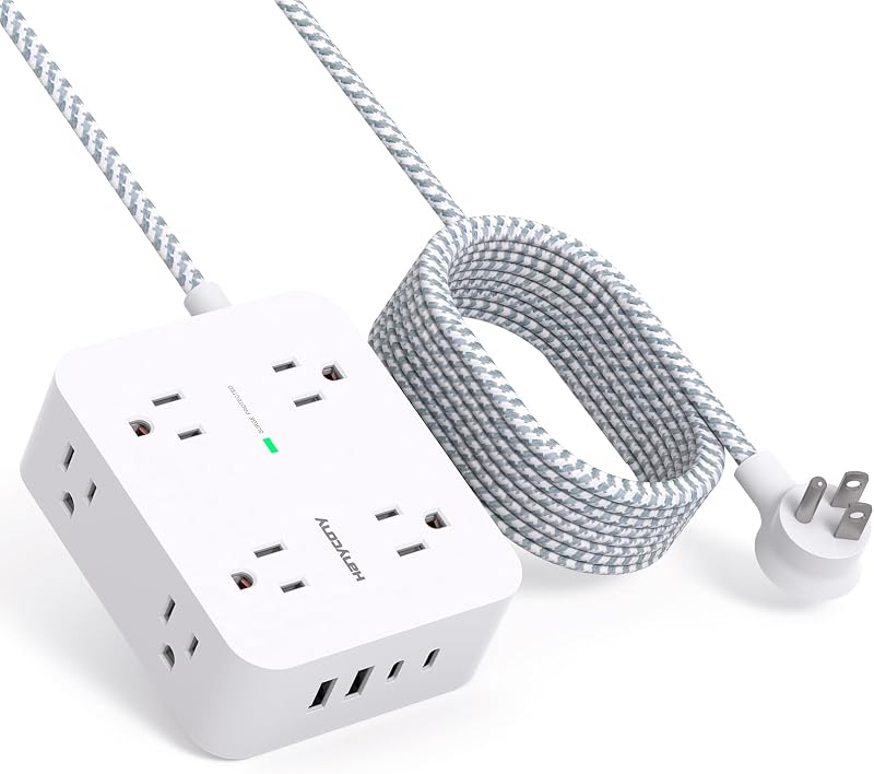 HANYCONY Surge Protector Power Strip, 10 Ft Braided Extension Cord, 1080J | 8 AC Outlets 4 USB (2 USB C) Ports, Flat Plug, Wall Mount Desk, USB Charging Station, Home Office, Dorm Room ETL