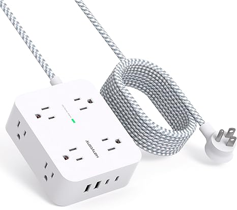 10 Ft Surge Protector Power Strip, Extension Cord with 8 AC Outlets 4 USB (2 USB C) Ports, Flat Plug, Wall Mount Desk USB Charging Station for Home