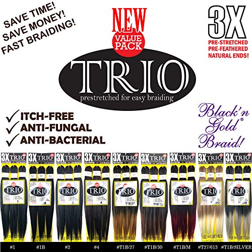 Bng Trio 3X Pre-Stretched Braiding Hair 28" For Easy Braid Professional Itch Free Synthetic Fiber 3 Pack Hair (9 Bundles) (#T1B/30 Off Black/Auburn) #TOP2