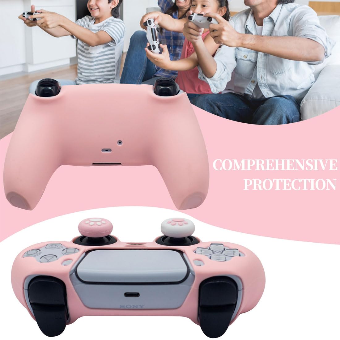 Pink Paw Controller Skin Grip Set, 1 Stück rutschfeste Silikon-Schutzhülle + 6 Stück Joystick-Abdeckung für Wireless Controller-Zubehör-Set