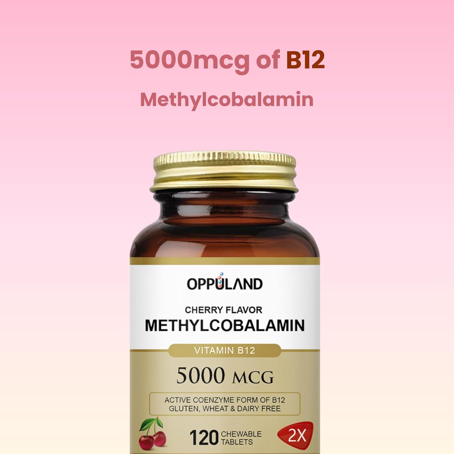 Methyl B-12 5000mcg Chewable with Folate - Vitamin B12 Methylcobalamin Sublingual Tablets - Supports Energy & Brain Function - Vegan Supplement - Cherry Flavor - 120 Count