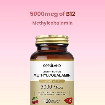 Methyl B-12 5000mcg Chewable with Folate - Vitamin B12 Methylcobalamin Sublingual Tablets - Supports Energy & Brain Function - Vegan Supplement - Cherry Flavor - 120 Count
