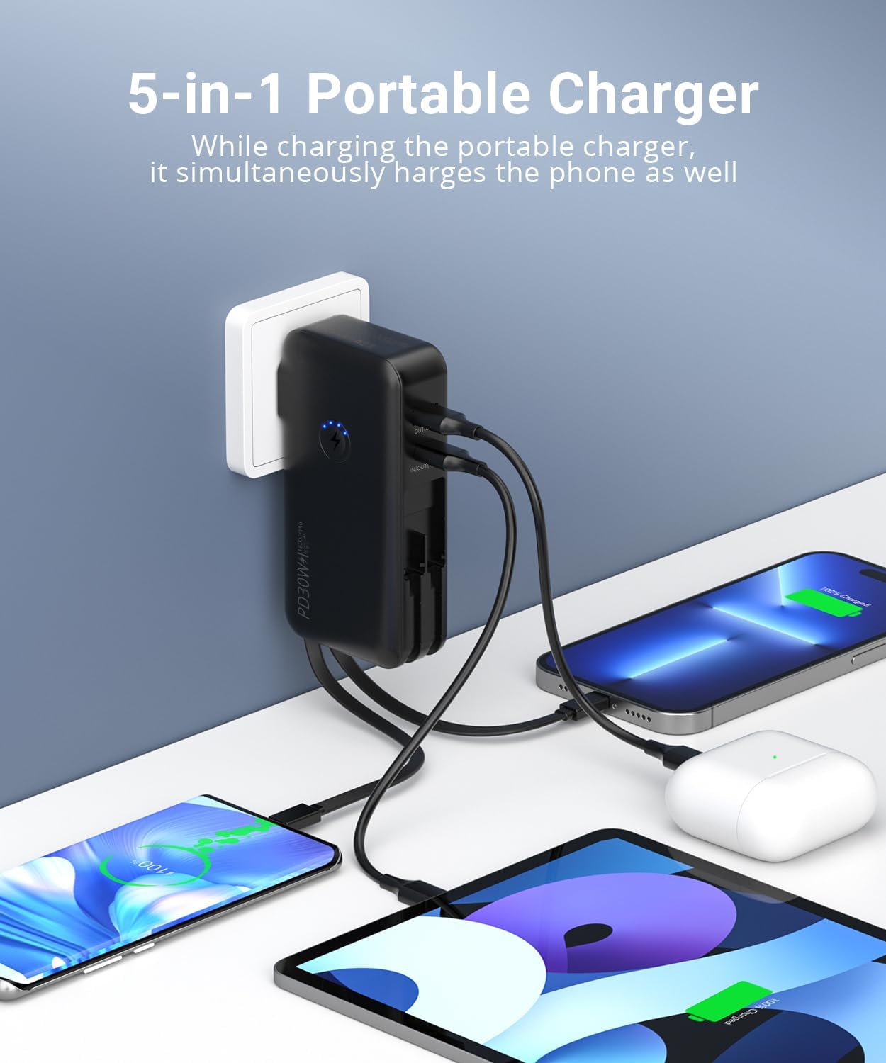 QiSa Portable Charger, Power Bank, 16000mAh Power Bank Built-in AC Wall Plug and Cables, PD 30W and QC4.0 Fast Charger for iPhone and Android Phones and Most Electronic Devices (Black) - Image 3