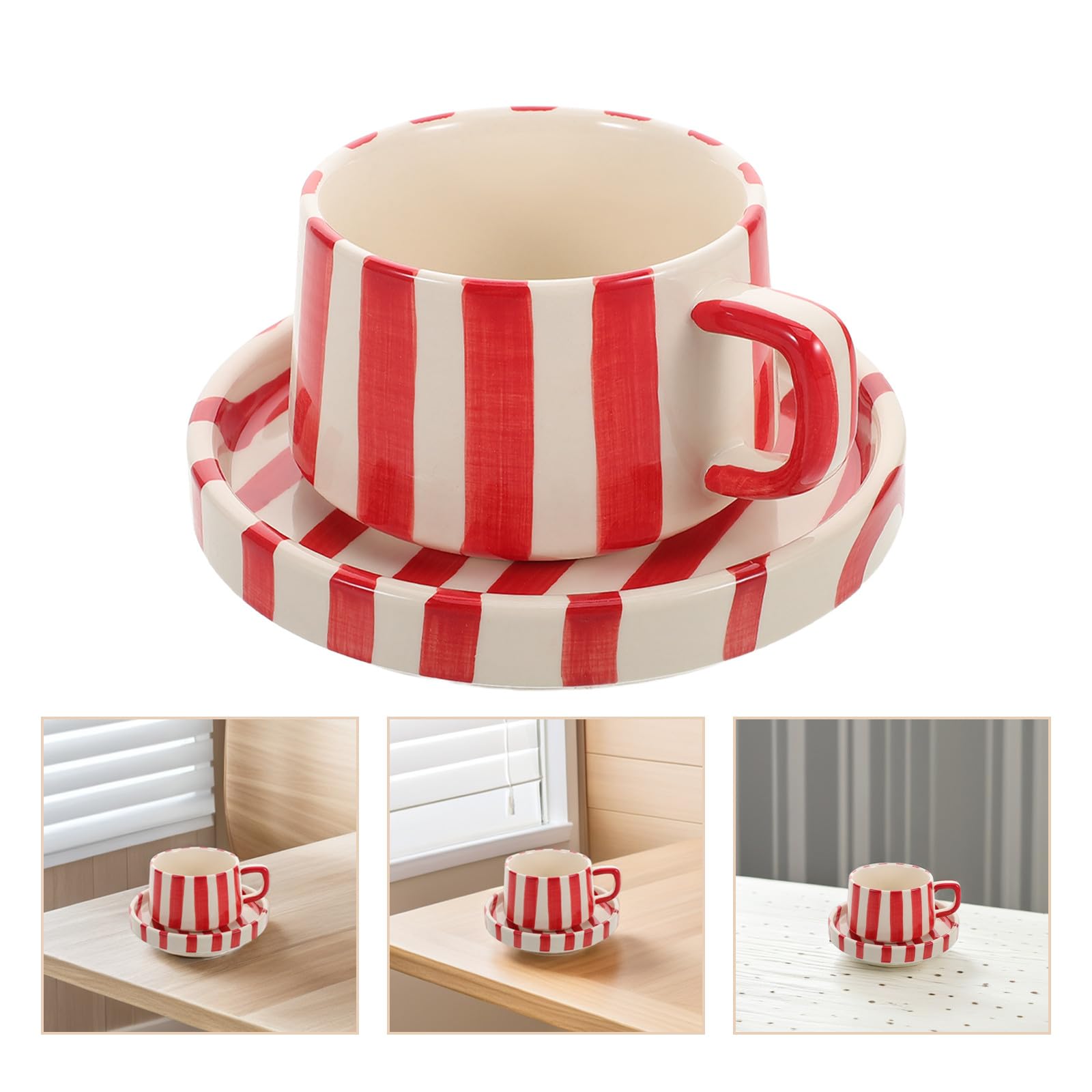 Didiseaon Tasse à Café en Porcelaine Soucoupe, Mug à Cappuccino et Thé, Design Rayures Original pour Collection et Usage Quotidien
