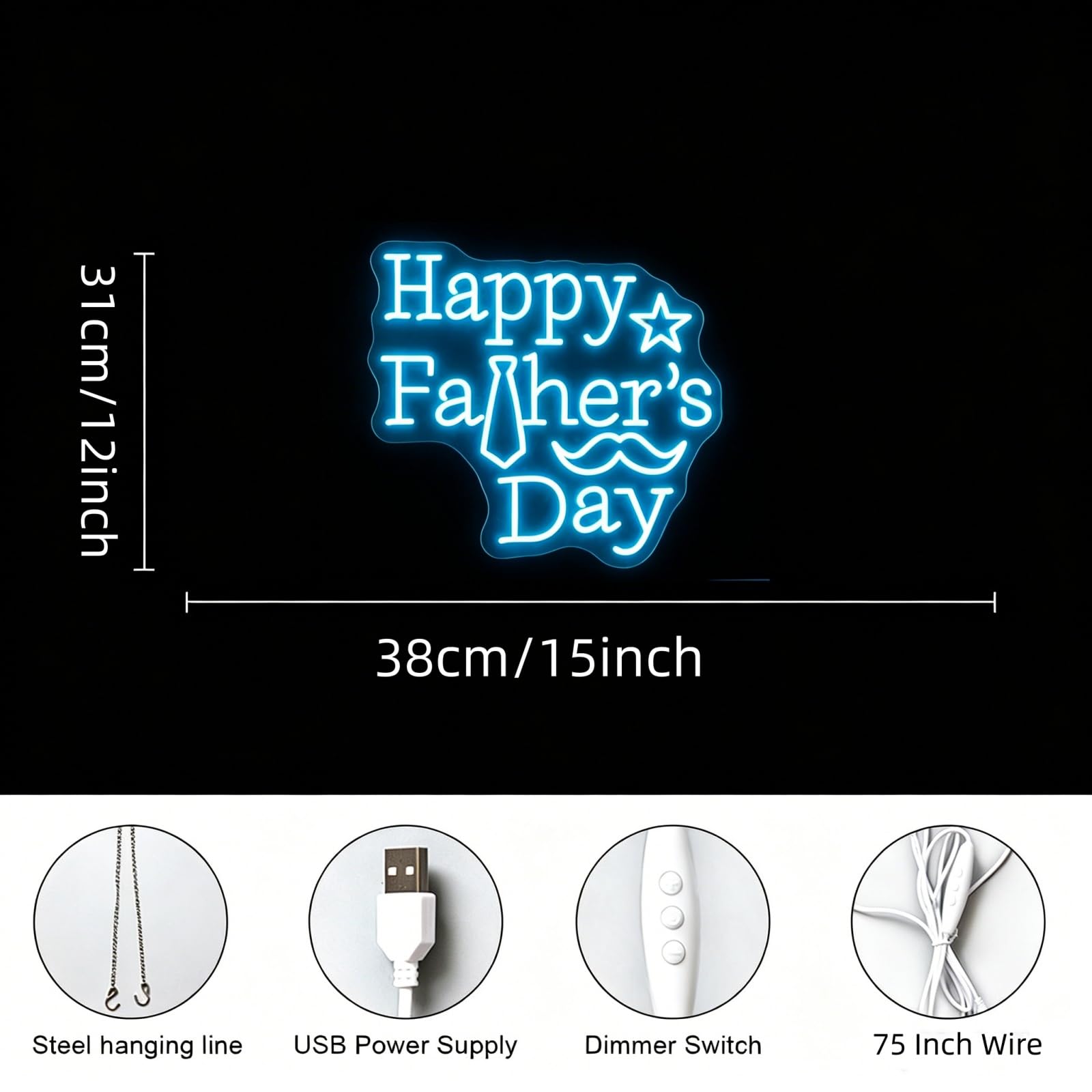 Insegna al neon con scritta "Happy Father's Day", luce al neon a LED blu ghiaccio con cravatta e baffi, alimentata tramite USB, decorazione da parete per festa del papà, camera da letto