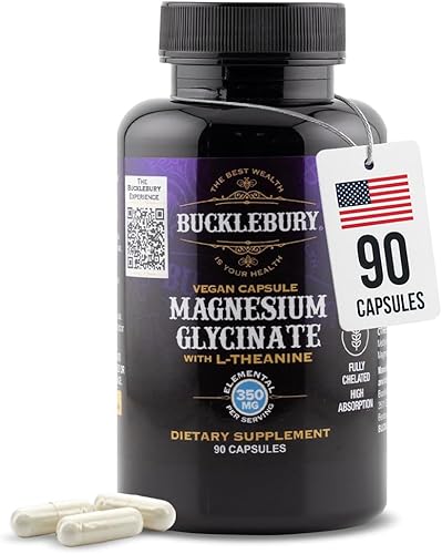 Bucklebury Cápsulas de glicinato de magnesio con L-teanina de 350 mg - Fórmula avanzada para aliviar el estrés, apoyo a la salud muscular y ósea -