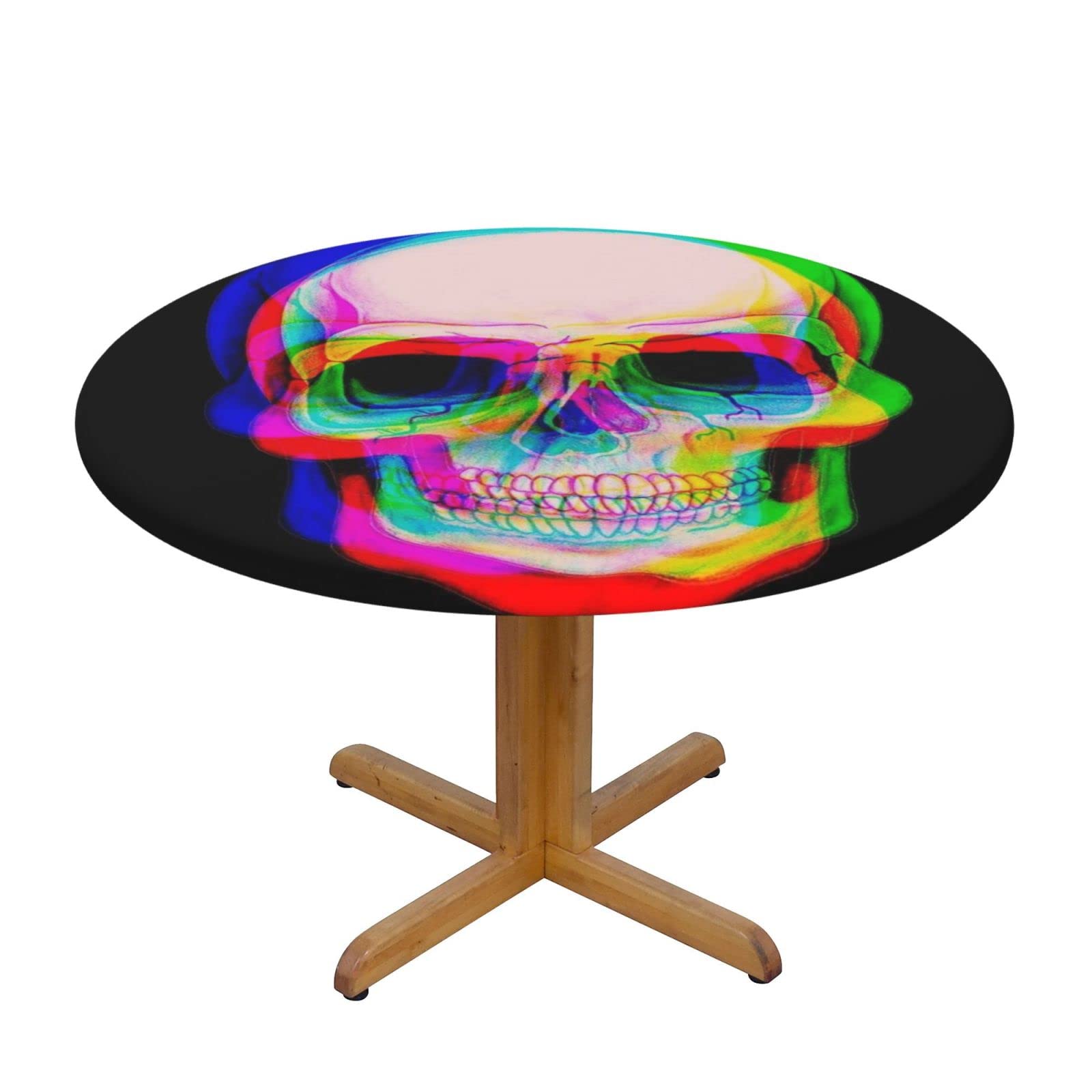 Lsjuee Round Fitted Tablecloth 40-44in Elastic Edged Table Cloth for Kitchen Dining Party Home Decor - Psychedelic Skull Colorful